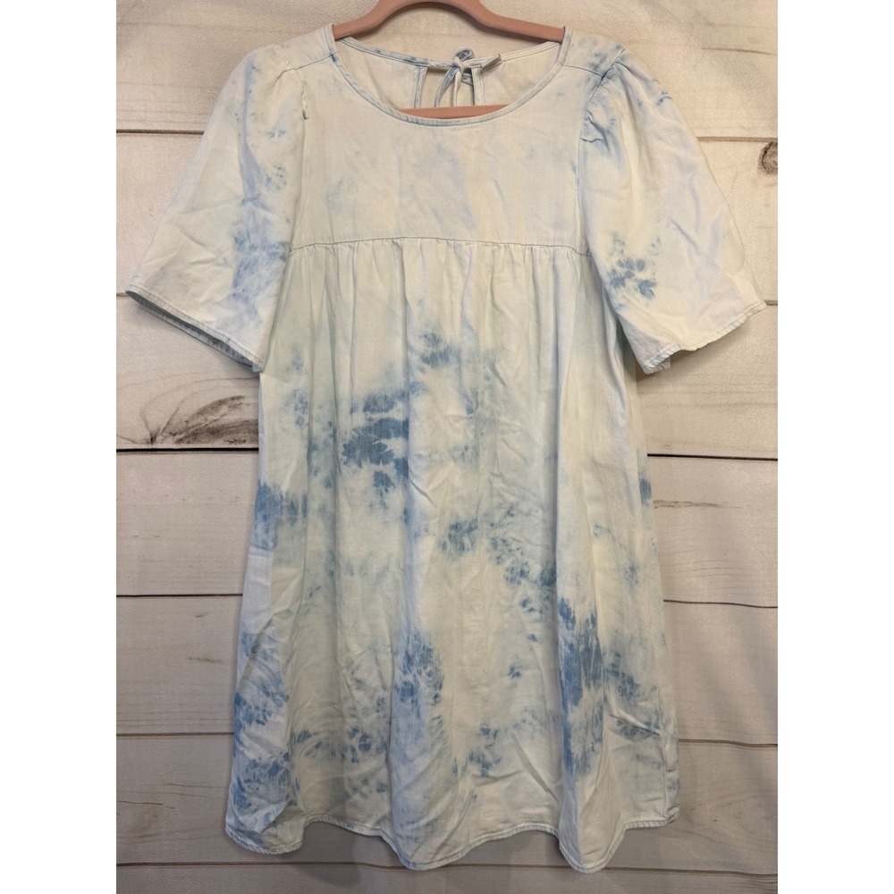 Old Navy Womens Small Blue White Tie Dye Cotton Babydoll‎ Mini Dress Puff Sleeve